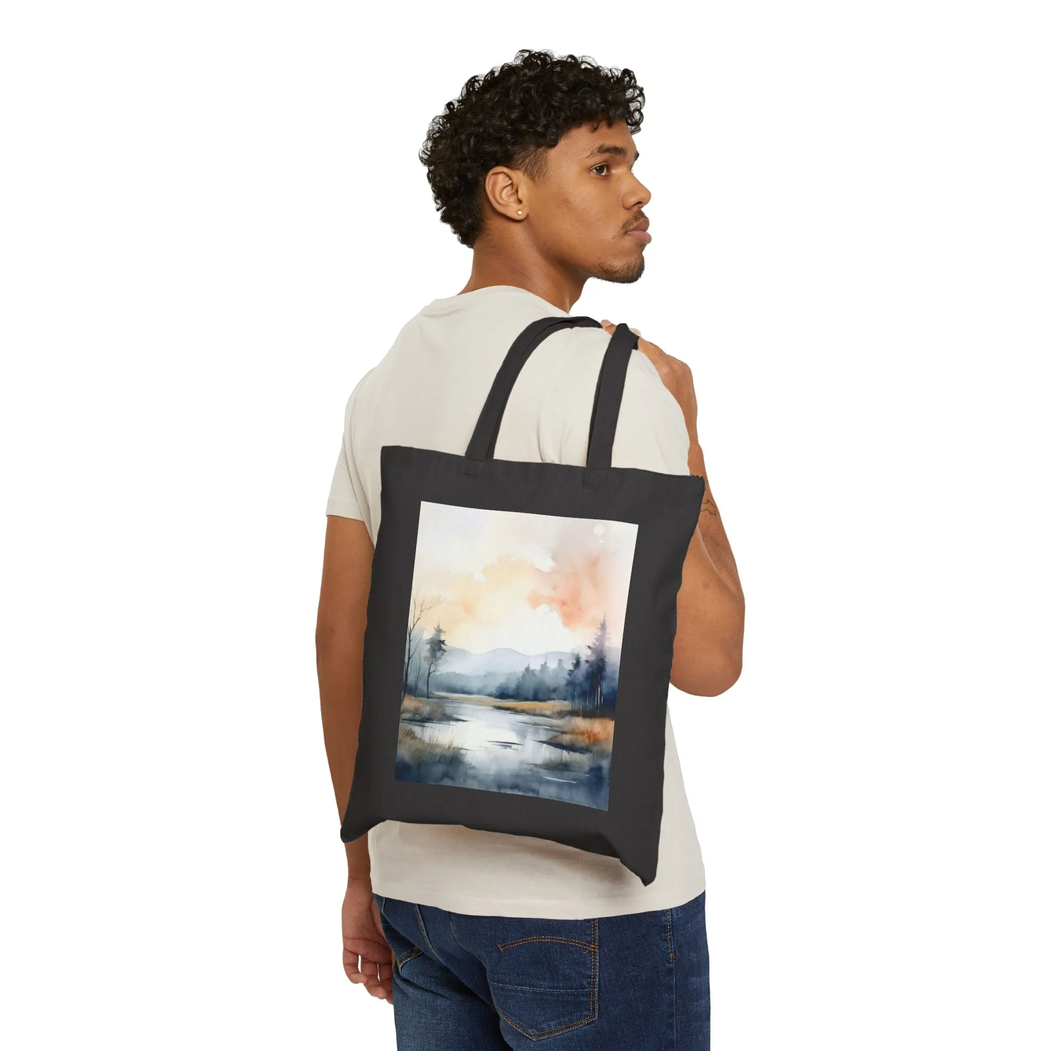 A minimal themed nature landscape with watercolor effects Cotton Canvas Tote Bag