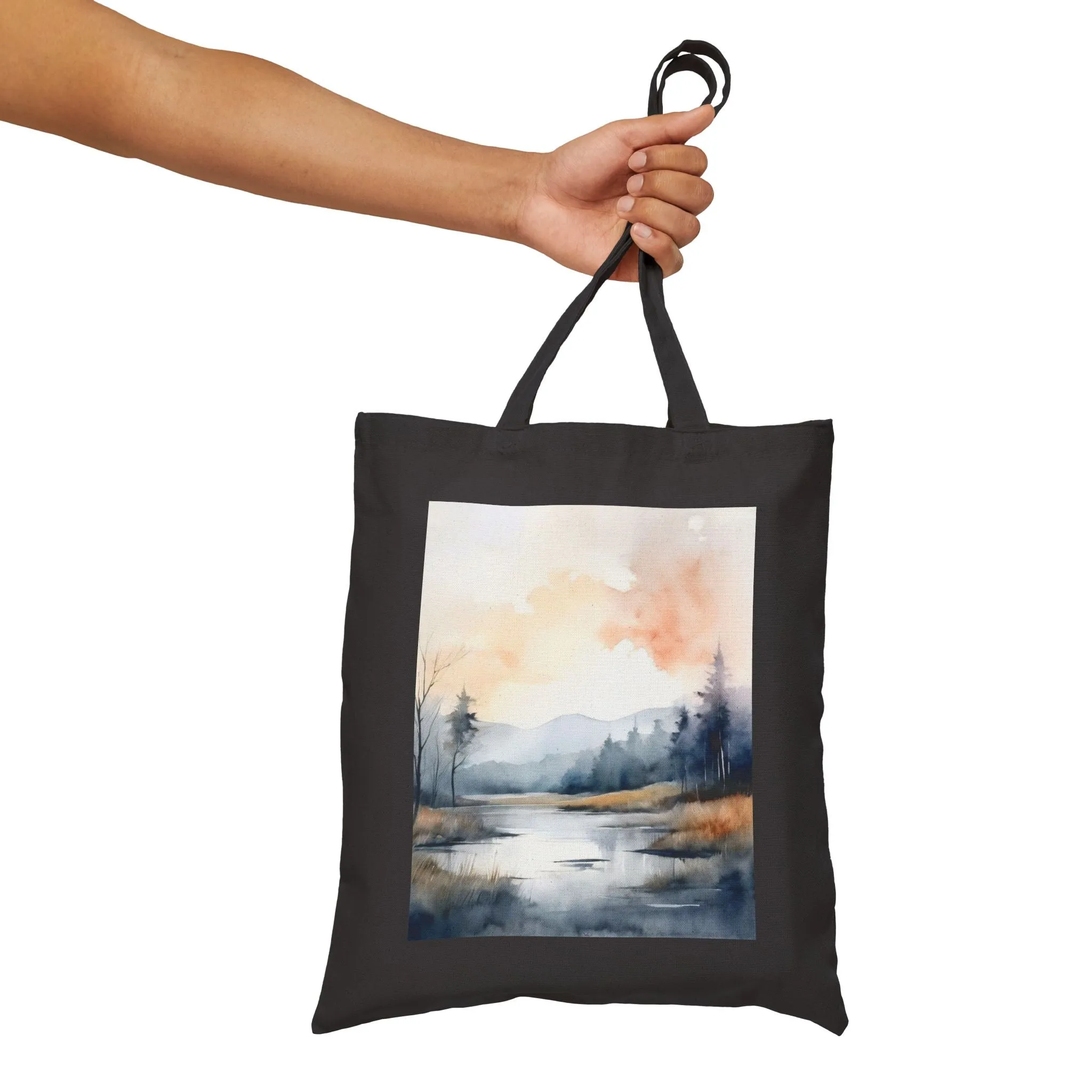 A minimal themed nature landscape with watercolor effects Cotton Canvas Tote Bag