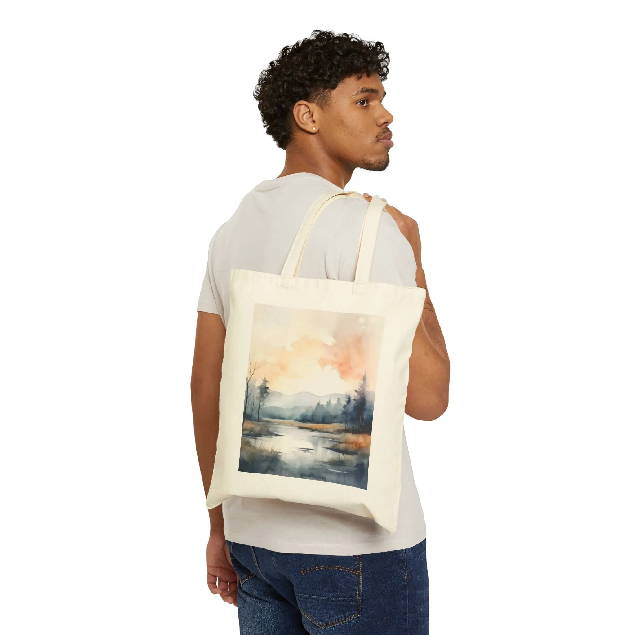 A minimal themed nature landscape with watercolor effects Cotton Canvas Tote Bag