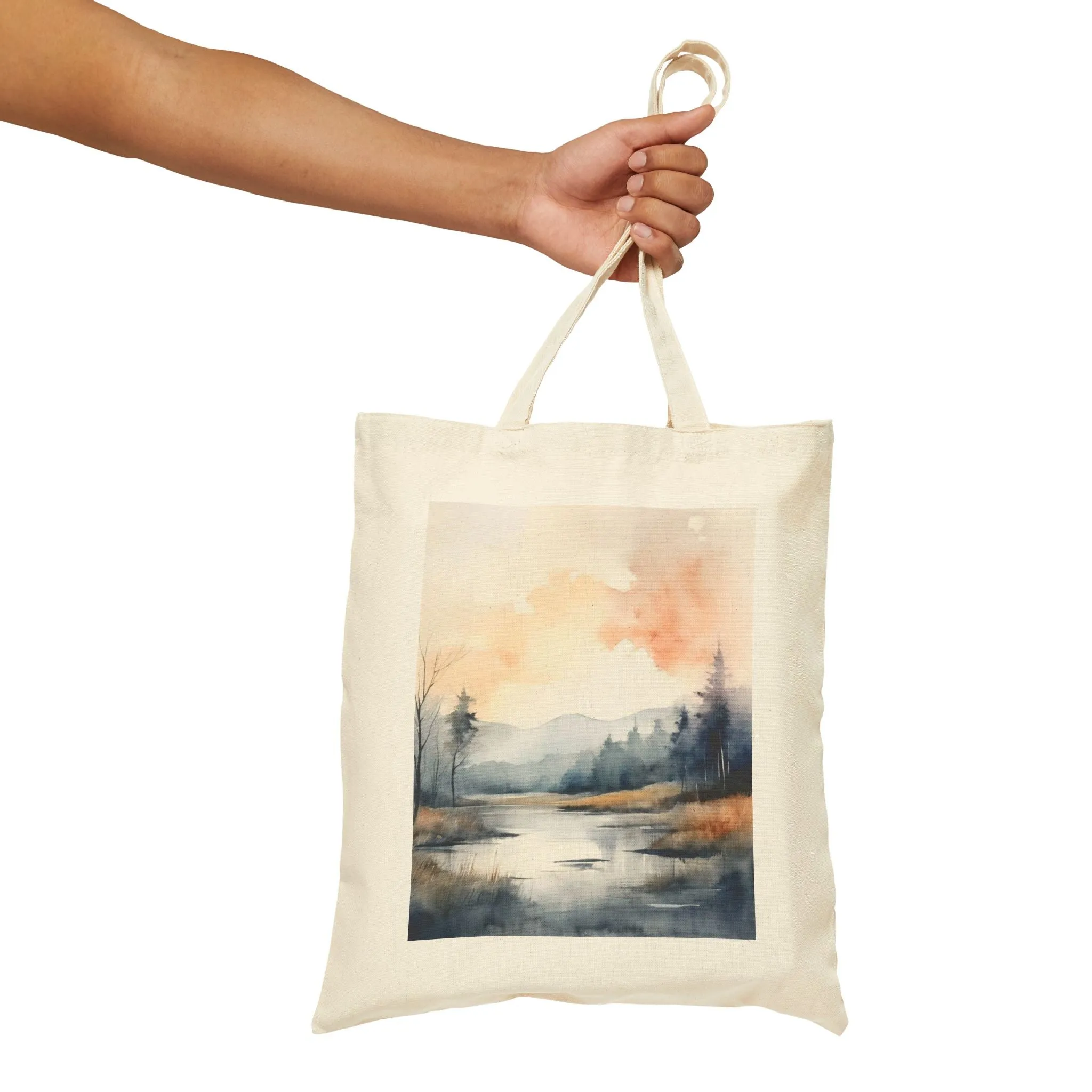 A minimal themed nature landscape with watercolor effects Cotton Canvas Tote Bag