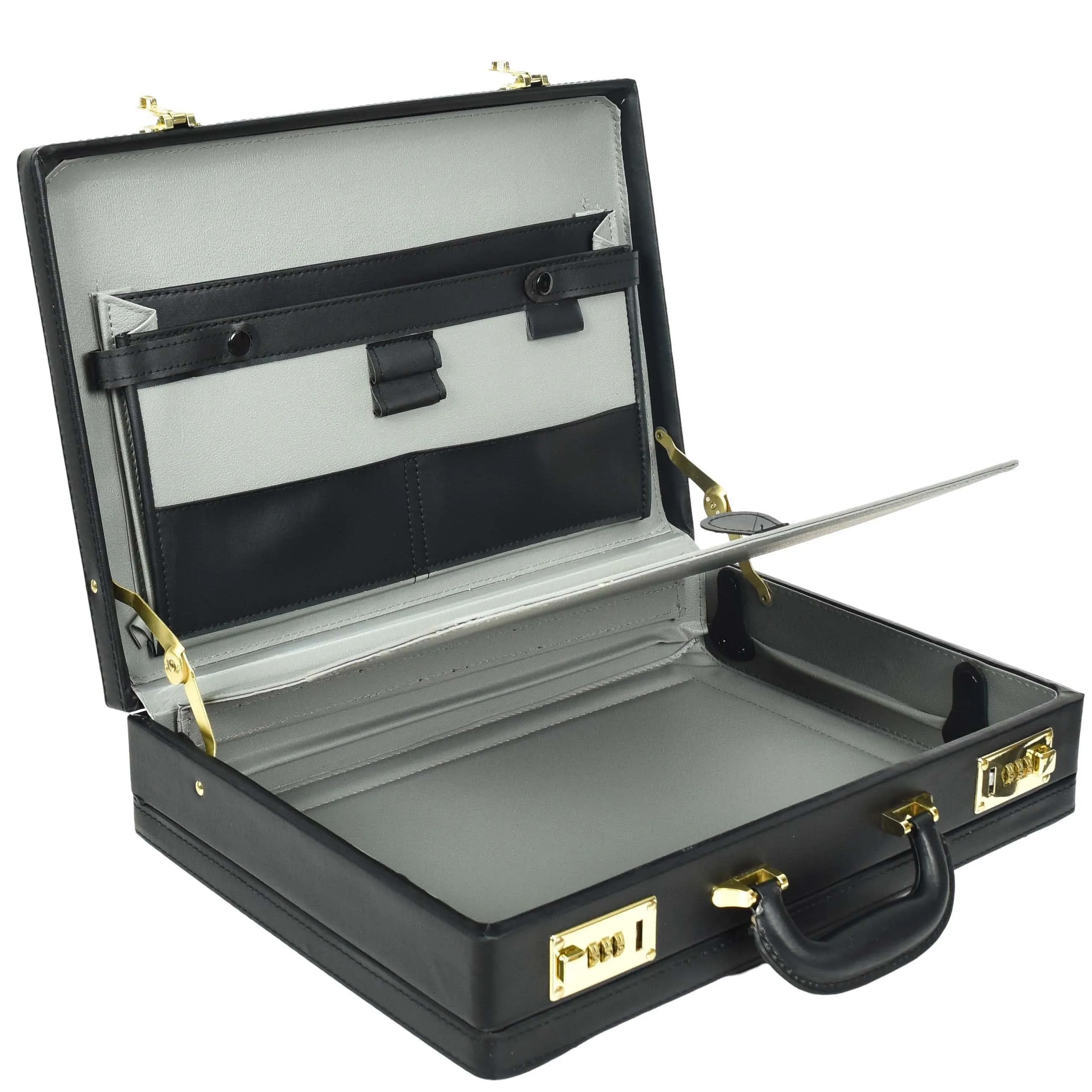 DR657 Expandable Leather Briefcase Combination Lock Attache Case Black