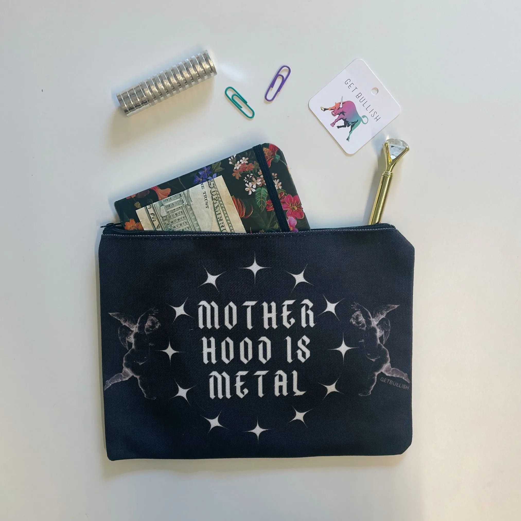 GetBullish Motherhood is Metal Canvas Zipper Pouch 9.5" x 7" | Cosmetics Bag or Pencil Case