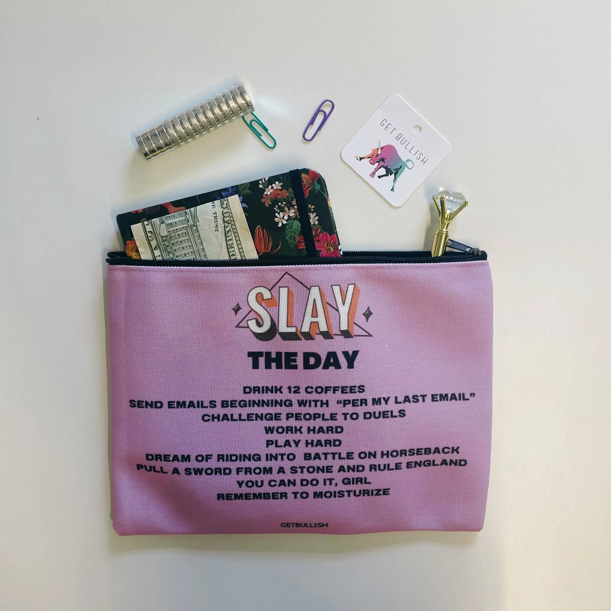 GetBullish Slay the Day Canvas Zipper Pouch 9.5" x 7" | Cosmetics Bag or Pencil Case