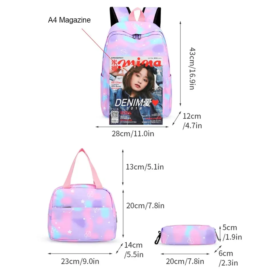 Girls Tie Dye Star Print Fashion Backpack Set of 3