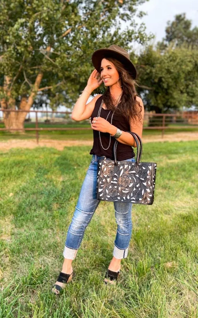 Leather Floral Tote