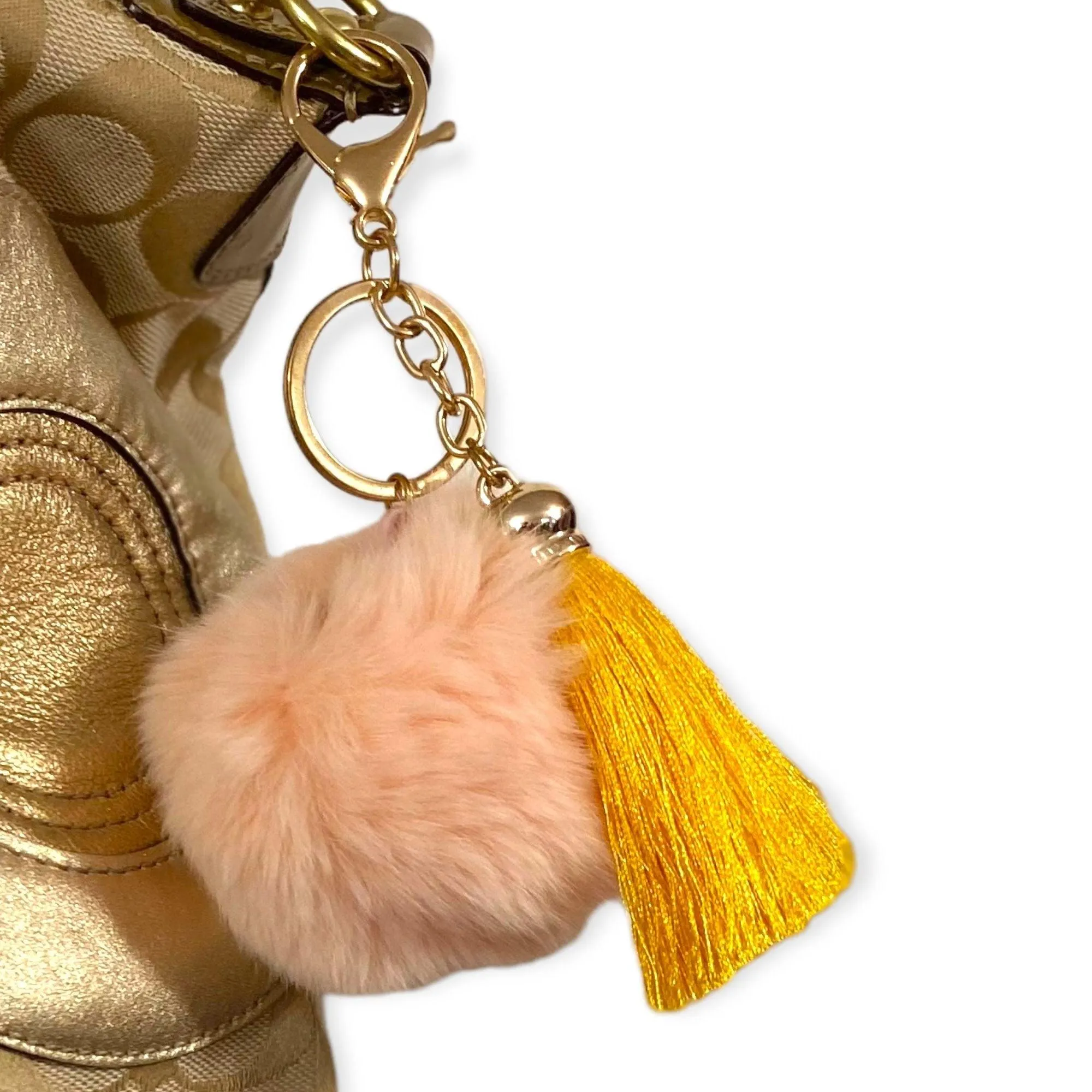 Pink Pom Pom & Gold Tassel Keychain Key Ring Handbag Accessory