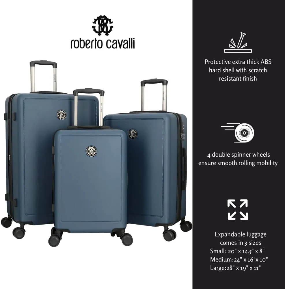 Roberto Cavalli Luxury 3 Piece Luggage Set, Expandable Hard Shell Suitcases with 8 Spinner Wheels, Combination Lock Muted Large Suitcase Set