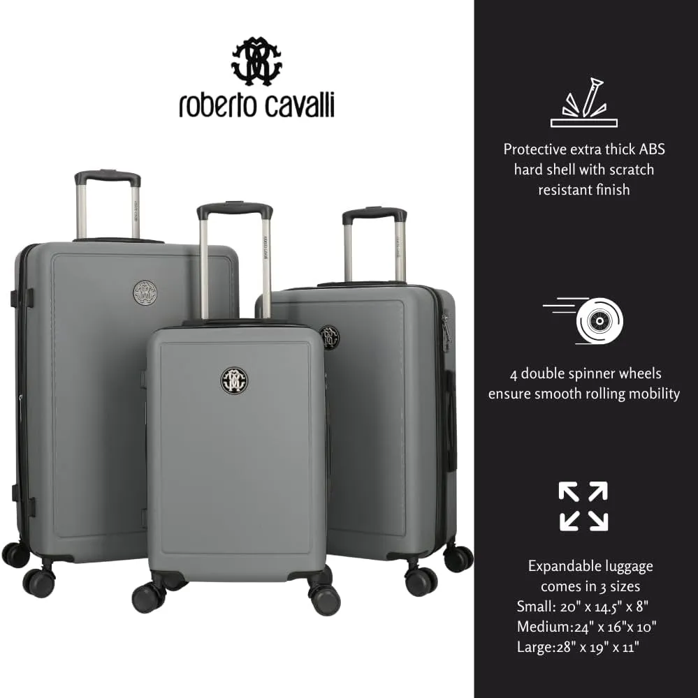 Roberto Cavalli Luxury 3 Piece Luggage Set, Expandable Hard Shell Suitcases with 8 Spinner Wheels, Combination Lock Muted Large Suitcase Set