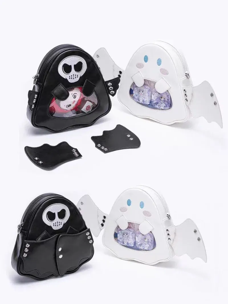 Sohiwoo Cute Cartoon Womens Backpack Angel Devil Fashion Kawaii Bags for Girls White PU Leather Patchwork Print Ita Bag